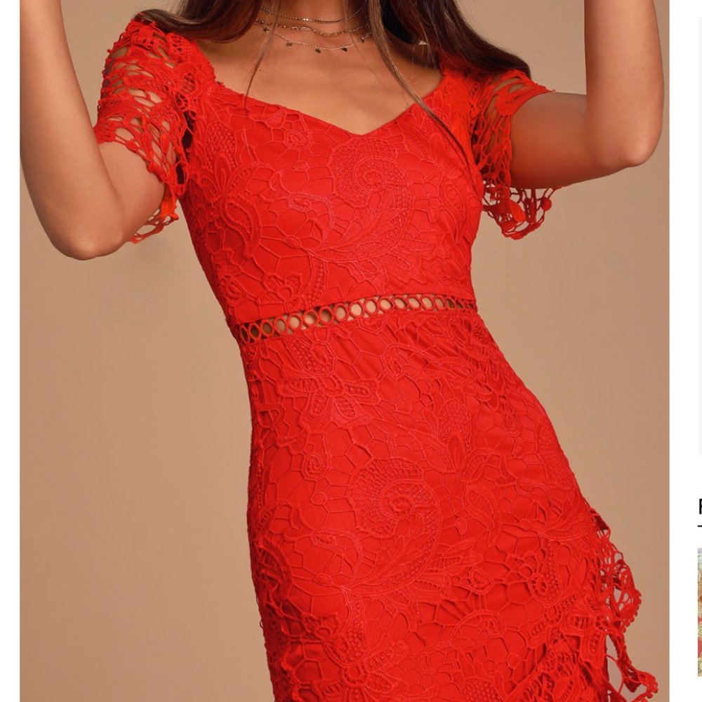 Lulu's Briarwood Red Lace Ruffled Midi Dress